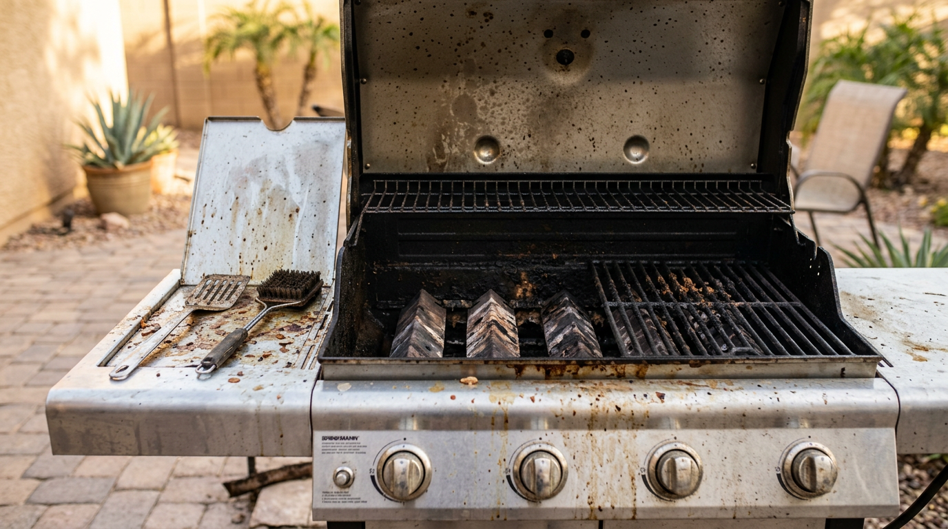 Greasy, carbon-covered grill grates before a professional deep clean